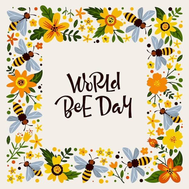 World Bee Day inscription surrounded with square frame of insects and flowers on white background