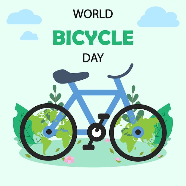 World bicycle day with a blue bike on the park flat vector illustration