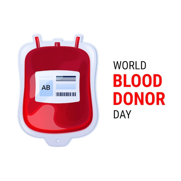 World blood donation day illustration with realistic blood bag vector