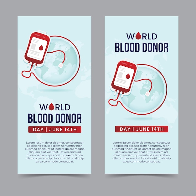 World blood donor day June 14th with blood bag and globe illustration vertical banner design