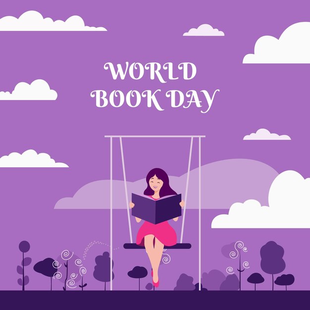 Vector world book day a girl reads a book on a swing flat vector illustration