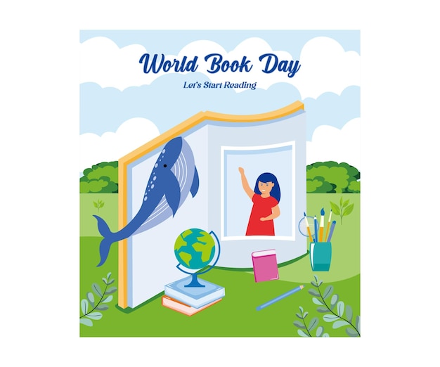 World Book Day poster Girl waving through a book with window at the flying whale on the meadow flat vector modern illustration