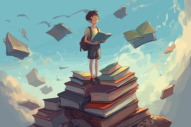 World of books Cartoon color world of literature boy in the world of literature Vector illustration