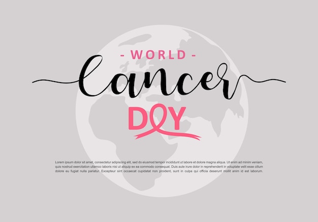 World cancer day concept background with pink ribbon and grey earth