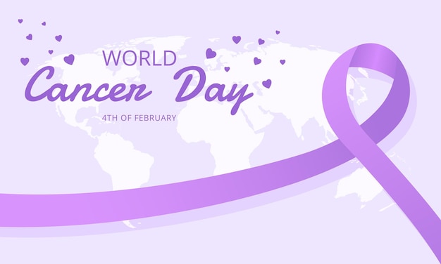 World Cancer Day event poster or banner background template design with purple ribbon symbol and world map vector illustration