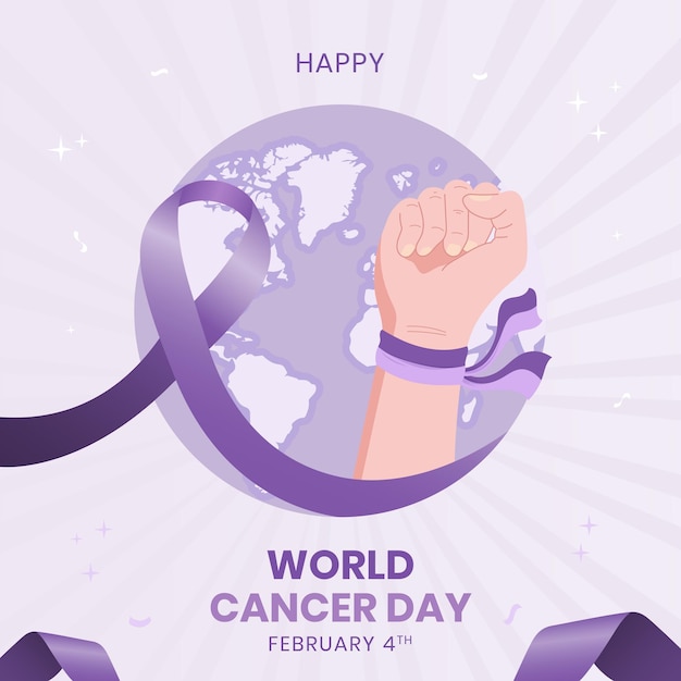 World Cancer Day February 4th illustration with purple ribbon fist and maps on sunburst background