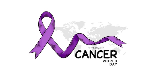 World Cancer Day Illustration Vector Design with purple ribbon and world map for Campaign