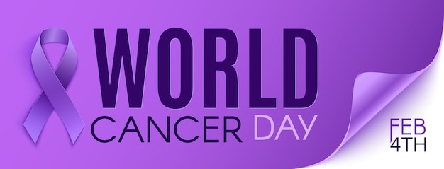 World cancer day purple wording with purple ribbon.