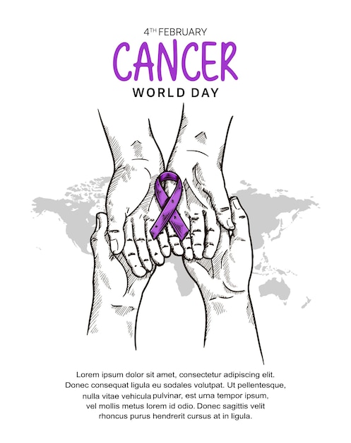 World Cancer Day Vector Design with hand holding and ribbon illustration for campaign and poster