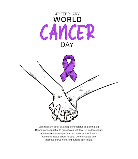 World Cancer Day Vector Design with hand holding and ribbon illustration for campaign and poster