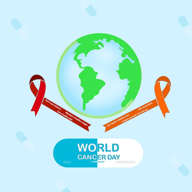 Vector world cancer day vector illustration of awareness ribbon surrounding the earth