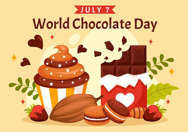 World Chocolate Day Celebration Vector Illustration on 7 July with Melted Chocolates and Cake