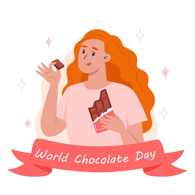 World chocolate day, a young woman eating a bar of chocolate