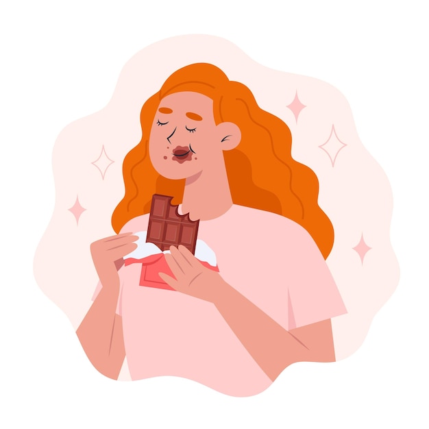 World chocolate day, a young woman eating a bar of chocolate