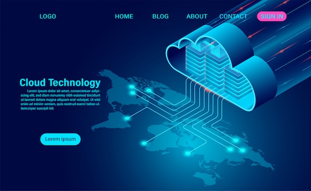 World cloud technology concept. online computing technology. big data flow processing concept on map. isometric flat design  illustration