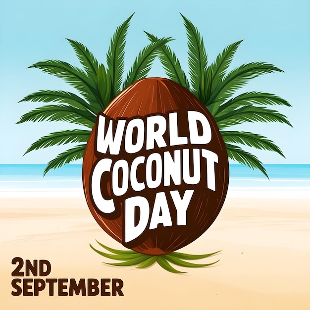 Vector world coconut day lush green palm fronds extending from behind it set against beach background