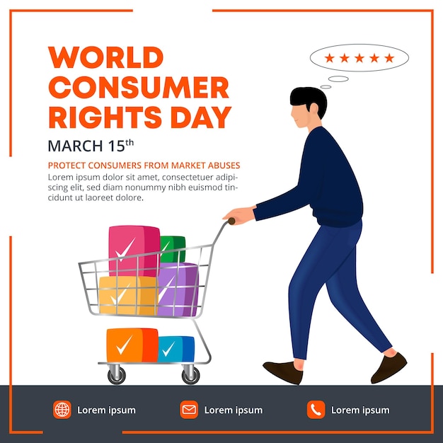 World consumer rights day banner design with a man satisfied doing shopping