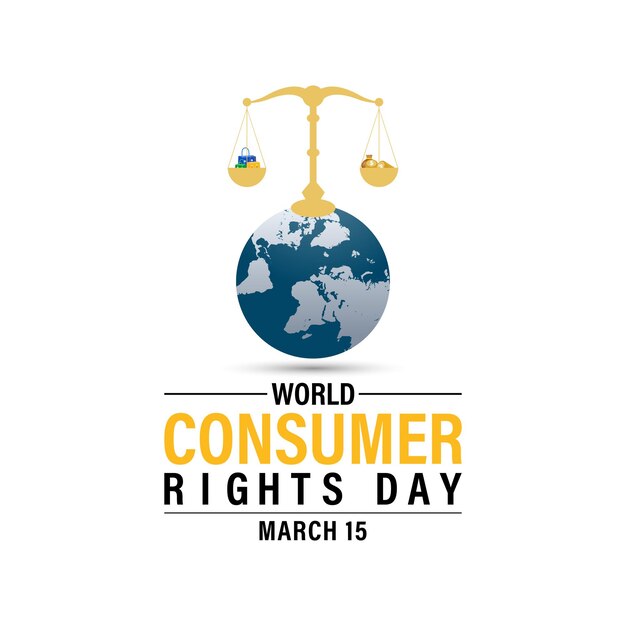 Vector world consumer rights day poster design shopping bag and consumer hand with world map banner poste