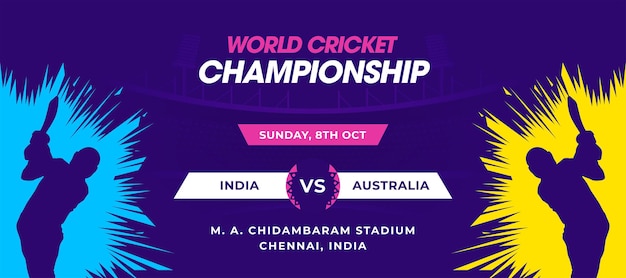 World Cricket Championship Concpet India vs Australia header or banner with jersey color explosion on stadium background