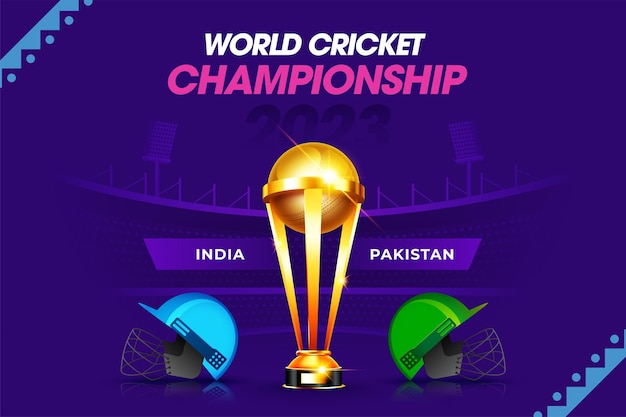 World Cricket Championship Concpet India vs Pakistan header or banner with winning trophy on stadium background