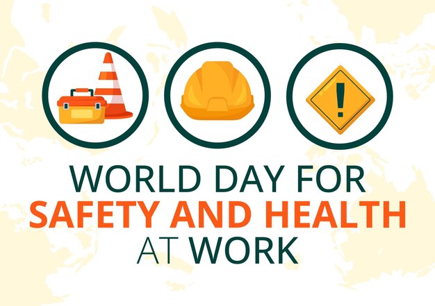 Vector world day for safety and health at work illustration with mechanic tool and construction helmet