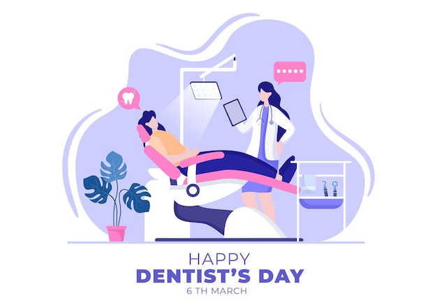 World Dentist Day with Dentistry and Patient in Armchair in Flat Cartoon Background Illustration Suitable for Poster or Banner