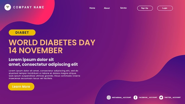 World diabetes day,14 November horizontal banner template. Website landing page for website.