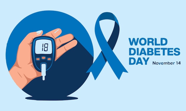 World Diabetes Day Awareness Graphic with Blood Glucose Monitoring Symbol and Blue Ribbon