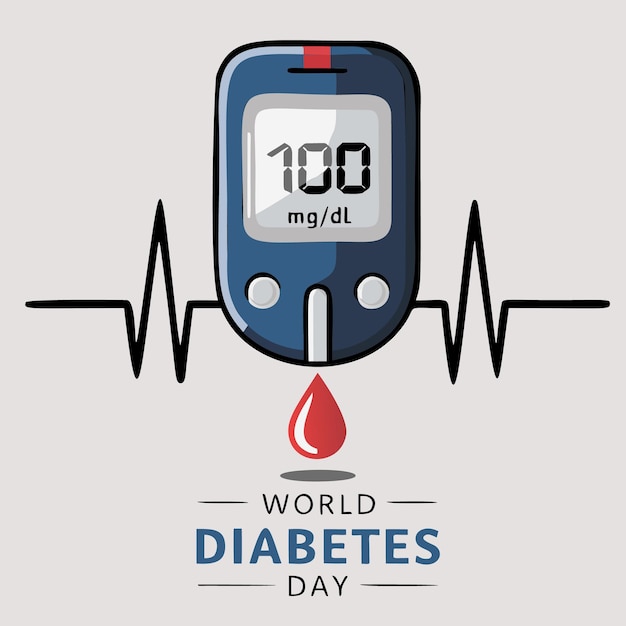 World Diabetes Day Glucose Meter Design with Heartbeat Line and Blood Drop Vector