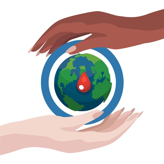 World Diabetes Day. A hand holds a planet with a drop of blood. Blue circle symbol for diabetes.