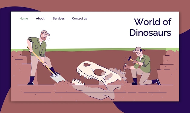 Vector world of dinosaurs landing page vector template. archeological excavations website interface idea with flat illustrations. paleontology research homepage layout. web banner, webpage cartoon concept