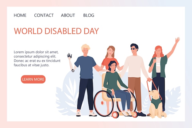 World disabled day landing page or web banner . People with prosthesis and wheelchair, deaf-mute people and blind man with dog escort.    .