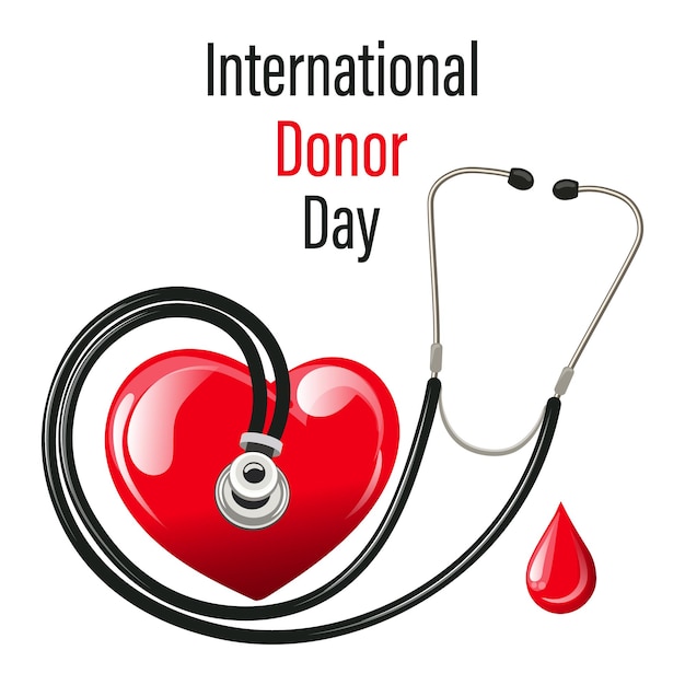 World Donor Day, medical stethoscope and colorful volumetric heart. Banner, poster, vector