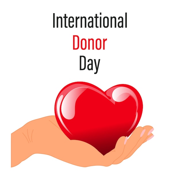 World Donor Day, red heart in hand. The concept of medicine and healthcare. Banner, poster, vector