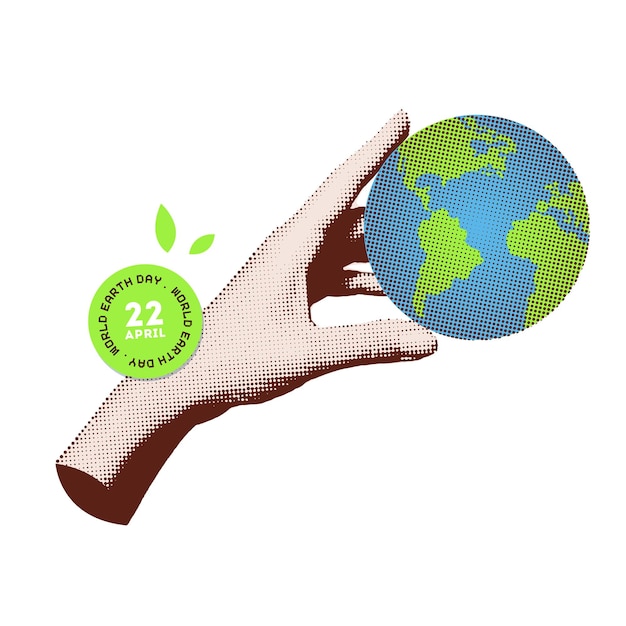 World earth day banner modern collage with halftone hand holding planet earth april holiday trendy