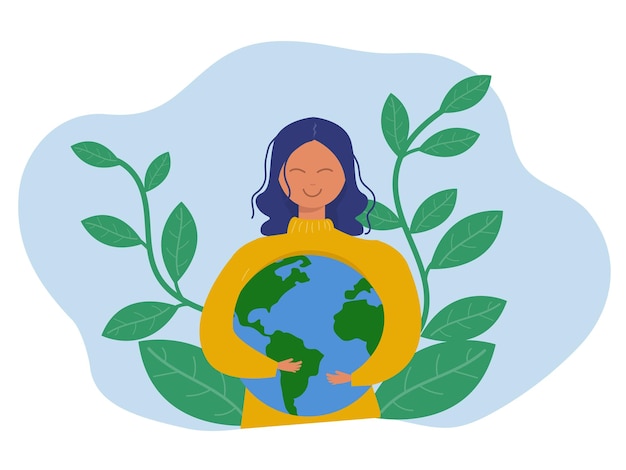 World Earth Day green eco energy Young woman embracing the planet Earth with World Earth Day