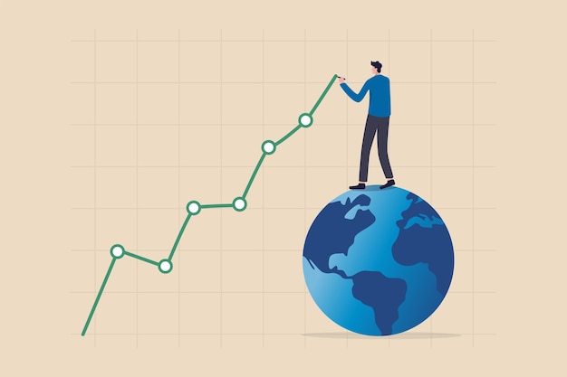 World economic financial statistics or investment data global stock market diagram or international economy concept businessman expert standing on earth drawing financial graph and chart