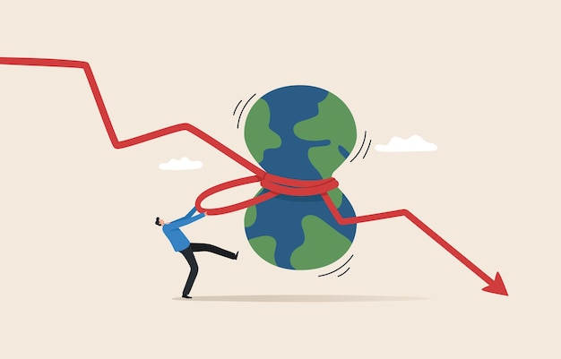 World economic recession Inflation crisis affects asset prices Global Health Crisis currency slump including the stock market The red arrow graph falls into the world