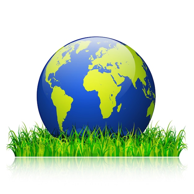 World environment day concept. Earth globe on green grass design background