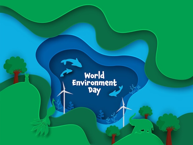 World Environment Day Concept With Elephant Peacock Rabbit Windmills And Fishes On Green And Blue Paper Cut Nature Ocean Background