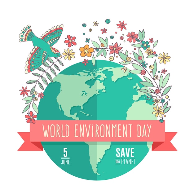 World environment day concept with globe green leaves flowers and an inscription Save the Planet