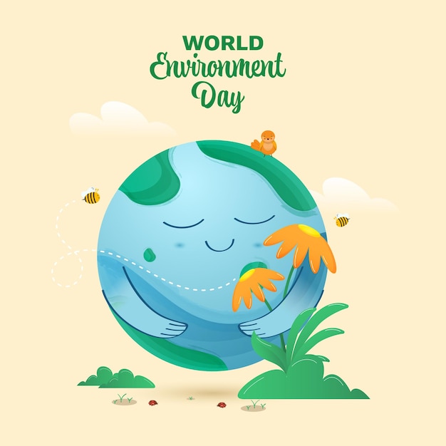 World Environment Day Concept With Smiley Earth Globe Chick Bees And Floral On Pastel Yellow Background