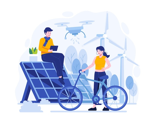 World Environment Day People with Ecological Activity Solar Energy Bicycle illustration