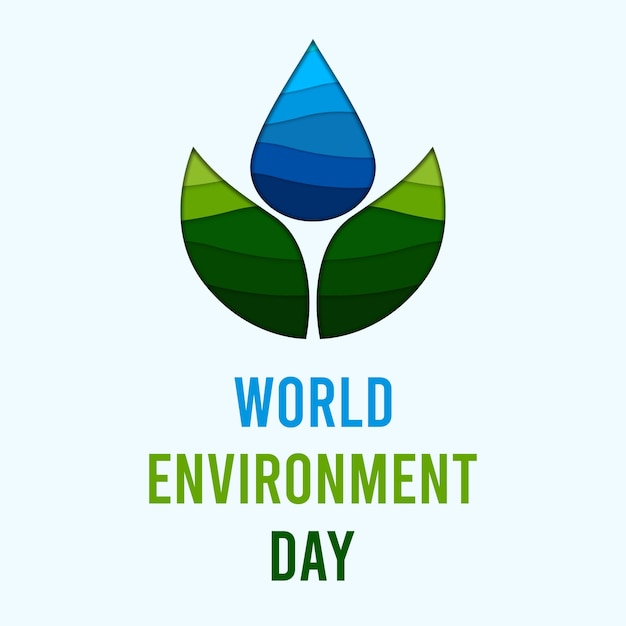 World Environment Day vector abstract concept background with paper cut water drop and green leaves