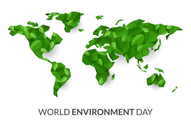 world environment day world map with Green leaves in background