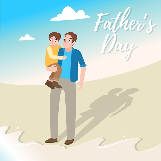 World father's day celebration with illustration of father holding his son on the beach