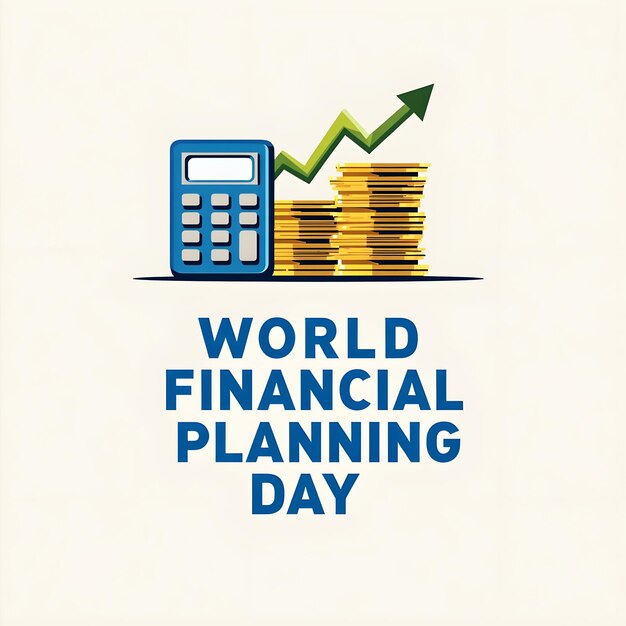 Vector world financial planning day featuring a calculator stacks of gold coins and an upward trend line