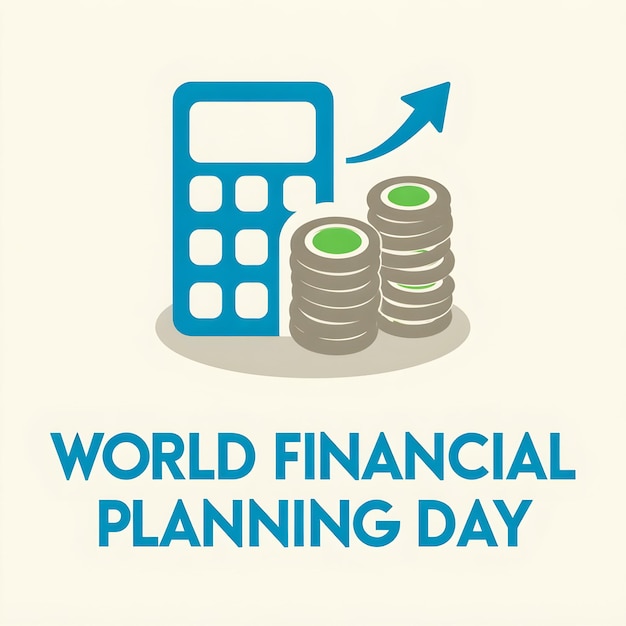 World Financial Planning Day featuring a calculator stacks of gold coins and an upward trend line