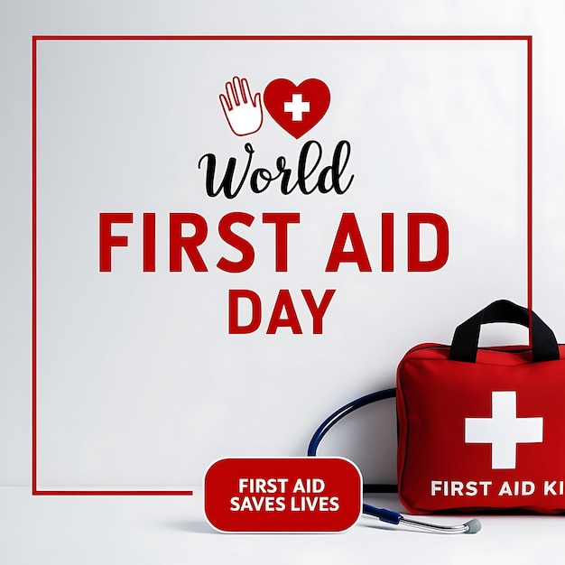 World first aid day vector illustration poster with first aid kit