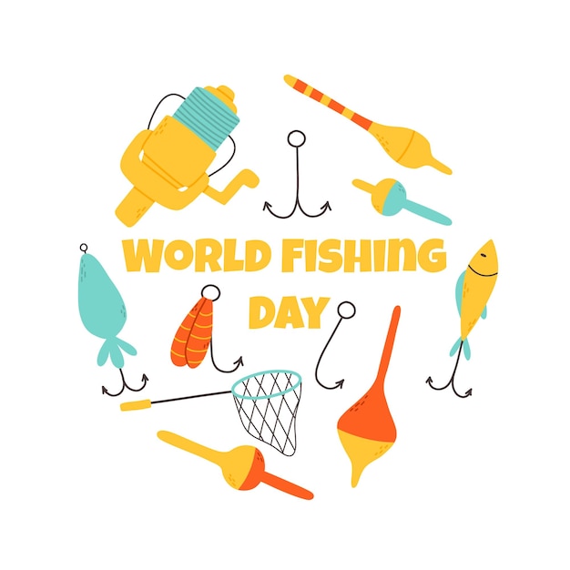 World Fishing Day vector illustration Fishing lettering with float hook tackle and fishing lure flat style